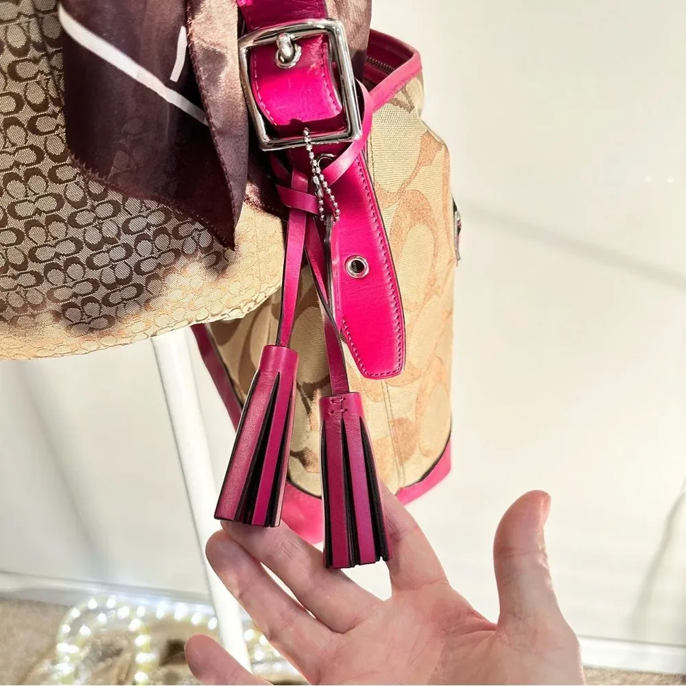 COACH Signature Tan And Pink Stripe Shoulder Bag Purse - Picture 3 of 16